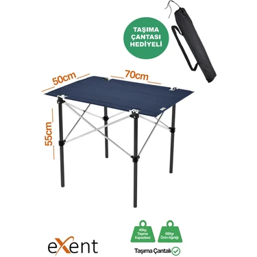 Exent 50X70 cm Kamp Masası Katlanabilir Masa, Piknik Masası, Siyah Taşıma