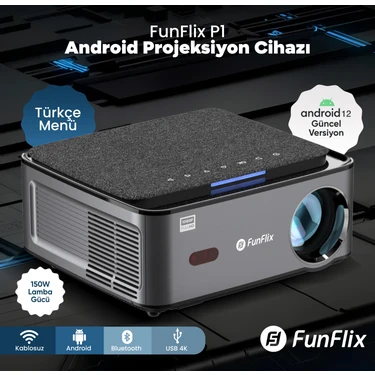 Funflix P1 Android 4K Destekli LED Full Hd Projeksiyon Cihazı, Bluetooth, 150W Lamba, 300 Inç