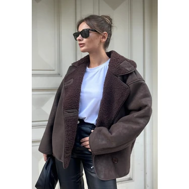 Kadın Oversize Içi Kürklü Süet Deri Mont - Içi Peluşlu Yumuşak