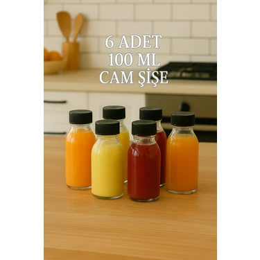 6 Adet 100 ml Kilitli Siyah Kapaklı Şeffaf Detox Shot Şişesi 100 cc Ginger Şat Beyaz Cam