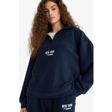 DeFacto Oversize Geniş Kalıp Dik Yaka Fermuarlı Baskılı Polar Sweatshirt