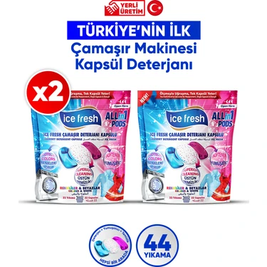 Ice Fresh 2'li Çamaşır Makinesi Deterjanı Kapsül 3’ü 1 Arada Jel Form 44 Yıkama Yerli Üretim