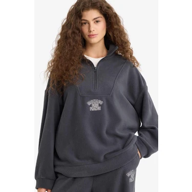 DeFacto Oversize Geniş Kalıp Dik Yaka Fermuarlı Baskılı Polar Sweatshirt