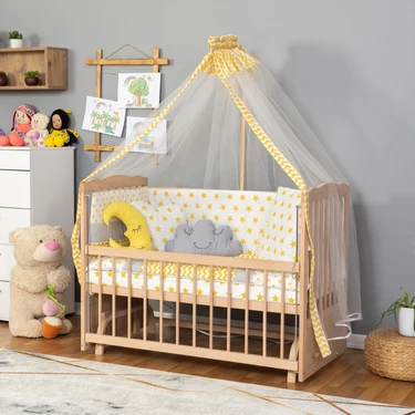 Bamgidoo Ahşap Beşik Anne Yanı Beşik Organik (Boyasız) 60X120 - Sarı Yıldız Uyku Seti
