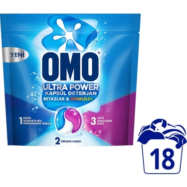 Omo Ultra Power Kapsül Deterjan Beyazlar ve Renkliler 18 Yıkama