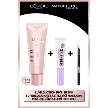 L'Oréal Paris Glotion Doğal Işıltı 901 & Super Lock Kaş Sabitleyici Makyaj Seti & Tattoo Liner Mini