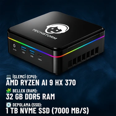 Techstorm Typhoon Amd Ryzen™ Aı 9 Hx 370 Cpu 32 GB Ddr 5 Ram 1 Tb Nvme WIN11 Pro Mini Masaüstü