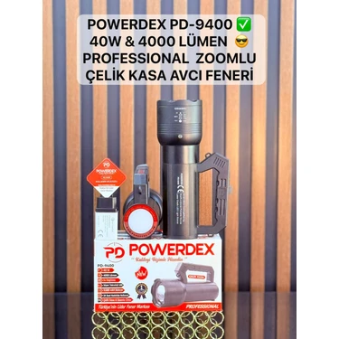 Powerdex PD-9400 Profesyonel El Feneri | 40W – 4000 Lümen – 12.800 Mah – Zoom + Arkada LED – Metal