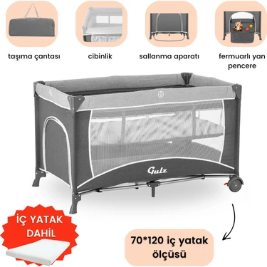 Gulz Raftel Oyun Parkı Park Yatak Bebek Beşik 70X120 cm + Pamuk