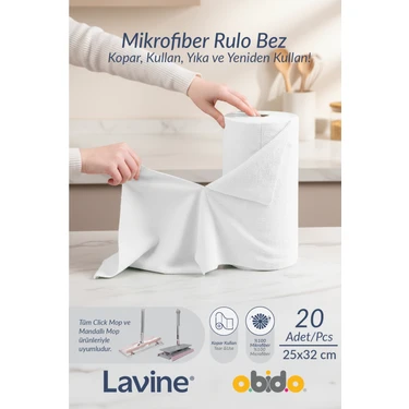 obido (20'li Rulo) Lavine Çok Amaçlı %100 Mikrofiber Temizlik Bezi "beyaz" 25x32 Büyük Ebat Kopart
