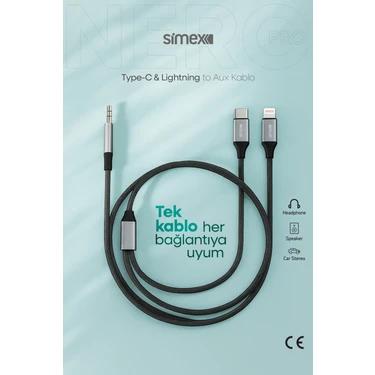 Simex Type C Iphone Lightning To 3.5mm Aux Kumaş Örgülü Ses Kablosu 2in1 DAC Çipli Stereo