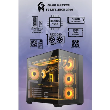GM Game Master F7 Lite Argb RTX3050 Ryzen 5 5500 Cpu 16GB Ddr4 Ram 512GB M2 SSD RTX3050 6gb 7x Argb