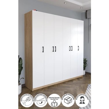 Bofigo 6 Kapaklı 16 Raflı Gardırop Elbise Dolabı 6 Kapaklı Gardırop Smyrna Safir Meşe