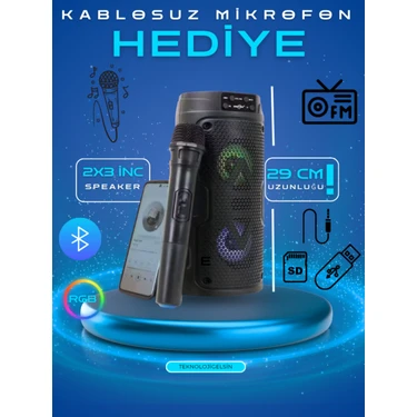 Teknoloji Gelsin Bluetooth Hoparlör Kablosuz Mikrofonlu Karaoke Speaker Rgb 29CM Ses Bombası