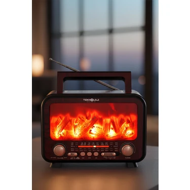 Teknoloji Gelsin Şömine Görünümlü Solar Güneş Enerji Ahşap Nostalji Bluetooth USB Sd Mp3 Radyo