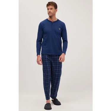 Tudors Erkek Regular Fit Pamuklu Düğmeli Yaka Beli Lastikli Desenli Indigo Pijama