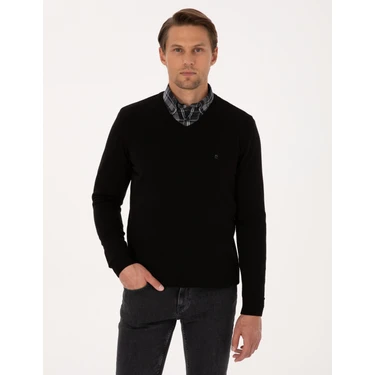 Pierre Cardin Erkek Siyah Slim Fit V Yaka Basic Triko Kazak
