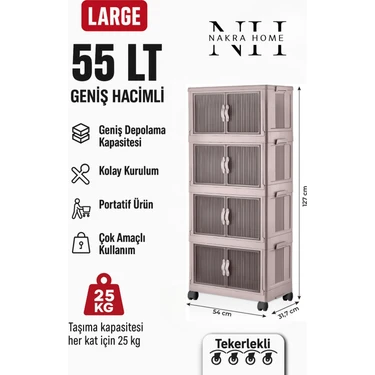 Nakra Home Katlanabilir 4 Katlı Tekerlekli Plastik Dolap – Çok Amaçlı Portatif Organizer (Geniş
