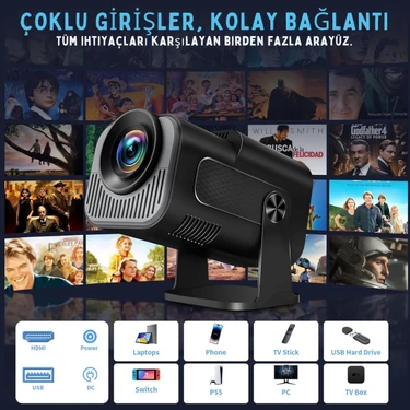 Tarçın 4K Full Hd 1080P Taşınabilir Projektör Oda Nemlendiricisi Hediyeli– 270° Döner Tasarım, Wifi