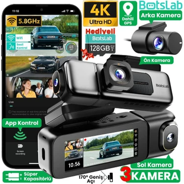 360+ Botslab G980H Pro 4K 3 Kameralı Wifi+Gps Akıllı Araç Içi Kamera +170° Geniş Açı+Süper