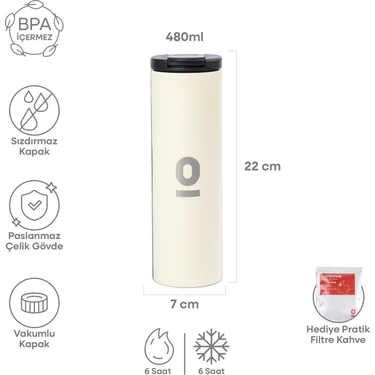 Espressolab Paslanmaz Çelik Ekru Uzun Termos 480 ml