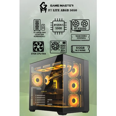 GM Game Master F7 Lite Argb RTX5050 Ryzen 5 5500 Cpu 16GB Ddr4 Ram 512GB M.2 SSD RTX5050 7x Argb