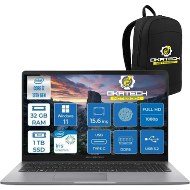 Asus Expertbook P1 P1503 Intel Core I7-13620H 32GB Ddr5 1 TB SSD Wın 11 Pro 15.6 Fhd Intel UHD