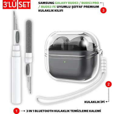 Ewec Samsung Galaxy Buds3 - Buds3 Pro Uyumlu Şeffaf Kılıf, Kulaklık İpi ve Temizleme Kalemi