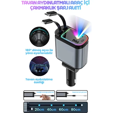 66W Acl LED Işık Tavan Aydınlatmalı 4ın1 Çift Kablolu Hızlı Şarj 3.4A Araç Içi Çakmaklık Şarj