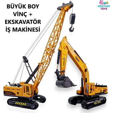 Brother Toys Oyuncak Kırılmaz Iş Makinaları Paletli Ekskavatör + Vinç Erkek Çocuk Oyuncak