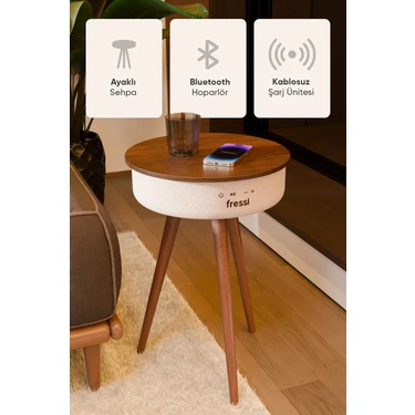Fressi Bluetooth Hoparlör Hızlı Şarj Destekli Ahşap Ayaklı Kablolu Sehpa Speaker FR-SH2502