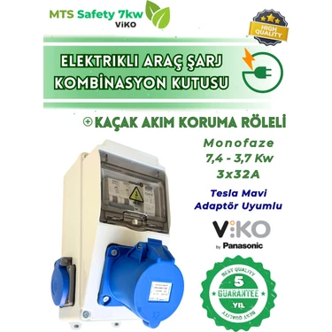 MTSevcharger 7.4 Kw VIKO/Panasonic 3*32 Monofaze Tesla Mavi Adaptör Uyumlu Kaçak Akım Roleli