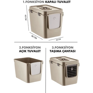 Petgrow Xxl 3 Fonksiyonlu Premium Kapalı Kedi Tuvaleti ve Taşıma Çantası 56 x 40 x 43