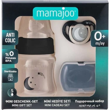 Mamajoo Yenidoğan Hediye Seti Black | Antikolik Biberon 150 ml ve Ortodontik Emzik & Saklama
