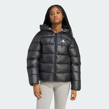 Adidas Kadın JV7767 Essentials CLIMAWARM Kapüşonlu Puffer Mont Uzun Kol Siyah Midi