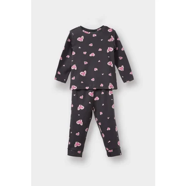 DeFacto %100 Pamuklu Kalp Desenli Beli Lastikli Pijama Takımı Kız Bebek