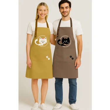 Hulganz Kumaş Mutfak Önlüğü Seti 2'li Leke Tutmaz Su Itici %65 Pamuk %35 Polyester Siyah Kedi -