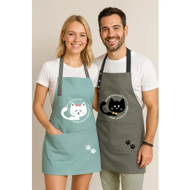 Hulganz Kumaş Mutfak Önlüğü Seti 2'li Leke Tutmaz Su Itici %65 Pamuk %35 Polyester Siyah Kedi -