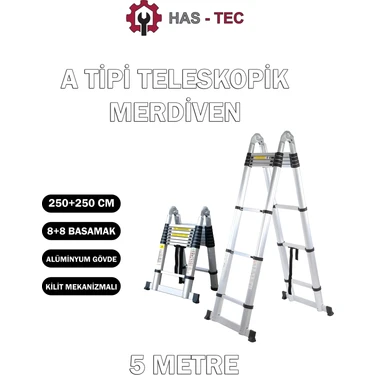 HAS - TEC Has-Tec 8+8 Basamaklı Çift Taraflı A Tipi Uzayan Teleskopik Merdiven 5