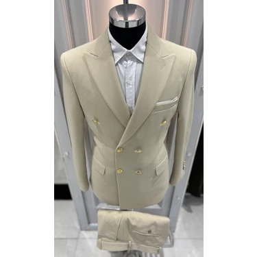 Sabri Zengin Erkek Slim Fit Takım Elbise Bej Renk Düz Desenli Günlük Kullanım İçin