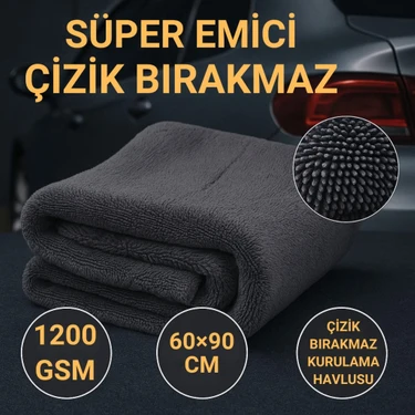 Polham XL 60X90CM 1200GSM Süper Su Emici Özellikli Mikrofiber Araç Kurulama Havlusu, Çizik ve Iz