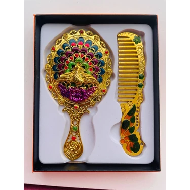 Galata Gift Ayna Tarak Seti, Kutulu-Metal-Hediyelik Takım, 13CM Aynalı Saç Fırçası, Tavuskuşu
