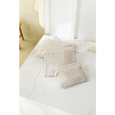 Ocean Home Textile 3'lü Su Geçirmez Pvc Astarlı Gri Dama Desen Islak Kuru Çantası 20 x 13 / 24 x 20