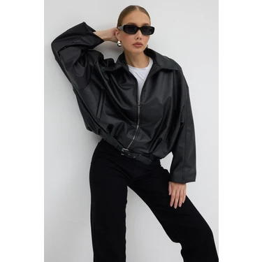 Lux Vestimenta Kadın Oversize Deri Ceket– Oversize Relax Fit, Fermuarlı Kemer Detaylı Günlük Kadın