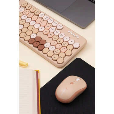 TWOTECH Petek Görünümlü Kablosuz Renkli Klavye Mouse Seti - Retro, Sessiz, Q Türkçe