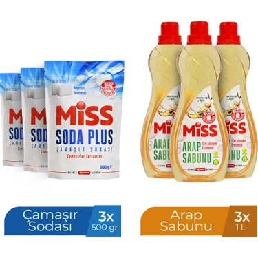 Miss Arap Sabunu 1000 ml x 3 ve Soda Plus 500 ml x 3 Adet Paraben İçermeyen Temizlik