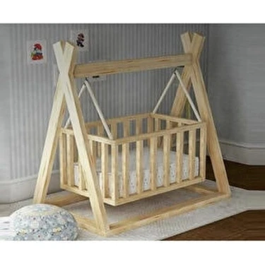 Woodteks Ahşap Beşik Ergonomik Yapı ve Kahverengi Renk ile Tekerlekli Taşınabilir