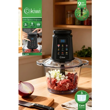 Kiwi KC-8250 Gıda Öğütücü Doğrayıcı | 500W Güçlü Motor&3l Cam Kase &9 Titanyum Bıçaklı & Dokunmatik