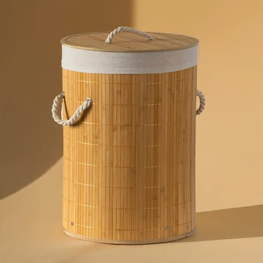 Porsima Pablito PBT-052 Kapaklı Yuvarlak Kirli Çamaşır Sepeti 52 lt Bambu Malzeme ile