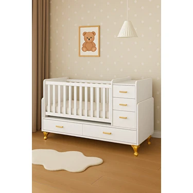 Bebecoda 5 Çekmeceli Beyaz Büyüyen ve Karyola Olabilen Anne Yanı Sallanan Bebek Beşiği 60 x 120